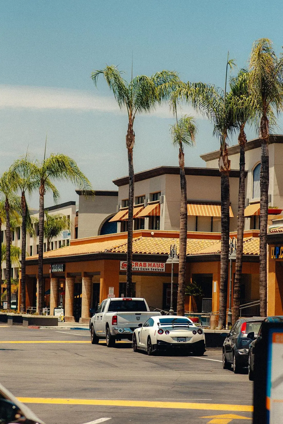 American neighborhood shopping plaza with storefronts and parking lot